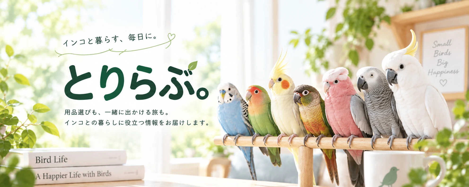 色とりどりのインコやオウムが止まり木に並ぶ、緑に囲まれた明るい部屋